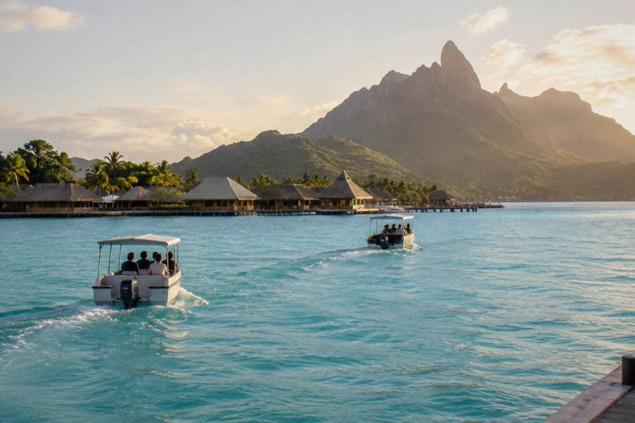 Tender boats crossing calm turquoise lagoon water toward a village waterfront with green peaks behind
