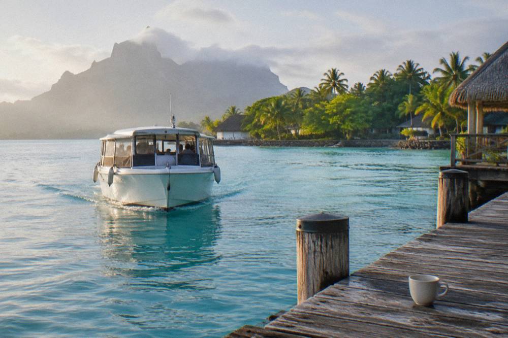 A cruise ship tender boat approaching a wooden quay beside a green island shoreline