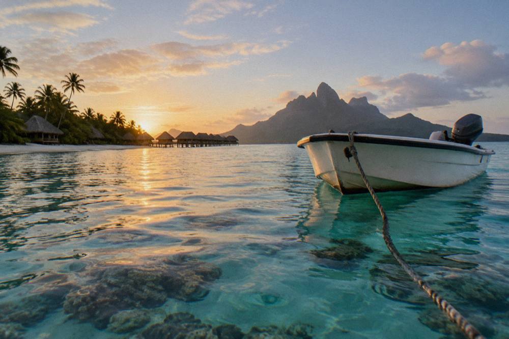 Small boat floating over pale turquoise lagoon water near a coral reef