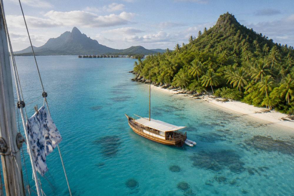 Boat anchored beside a palm covered islet in a calm lagoon
