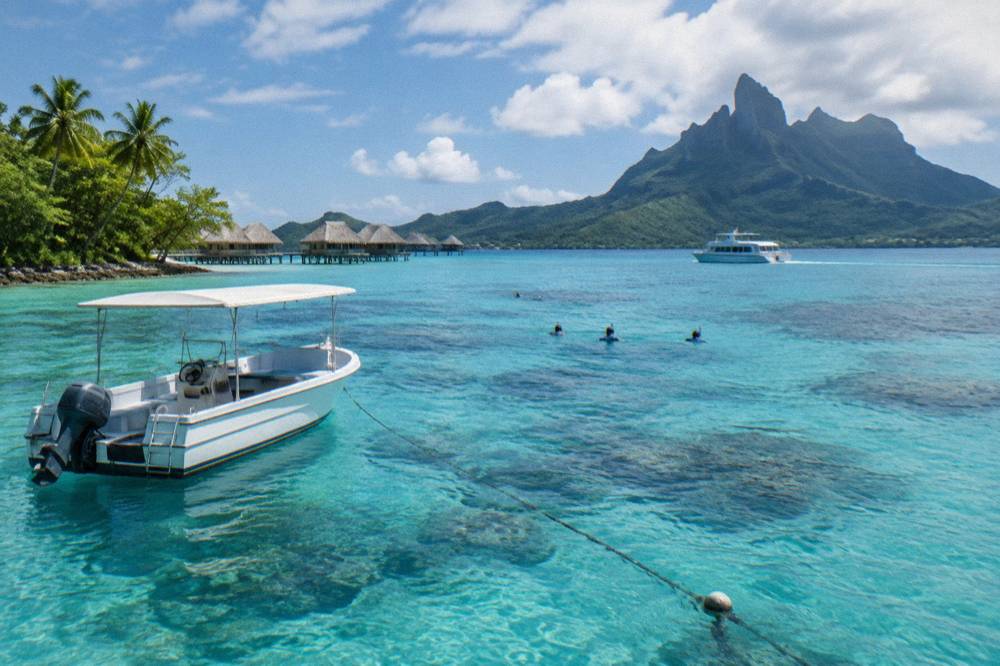 Anchored snorkel tour boat in clear lagoon water near a coral garden