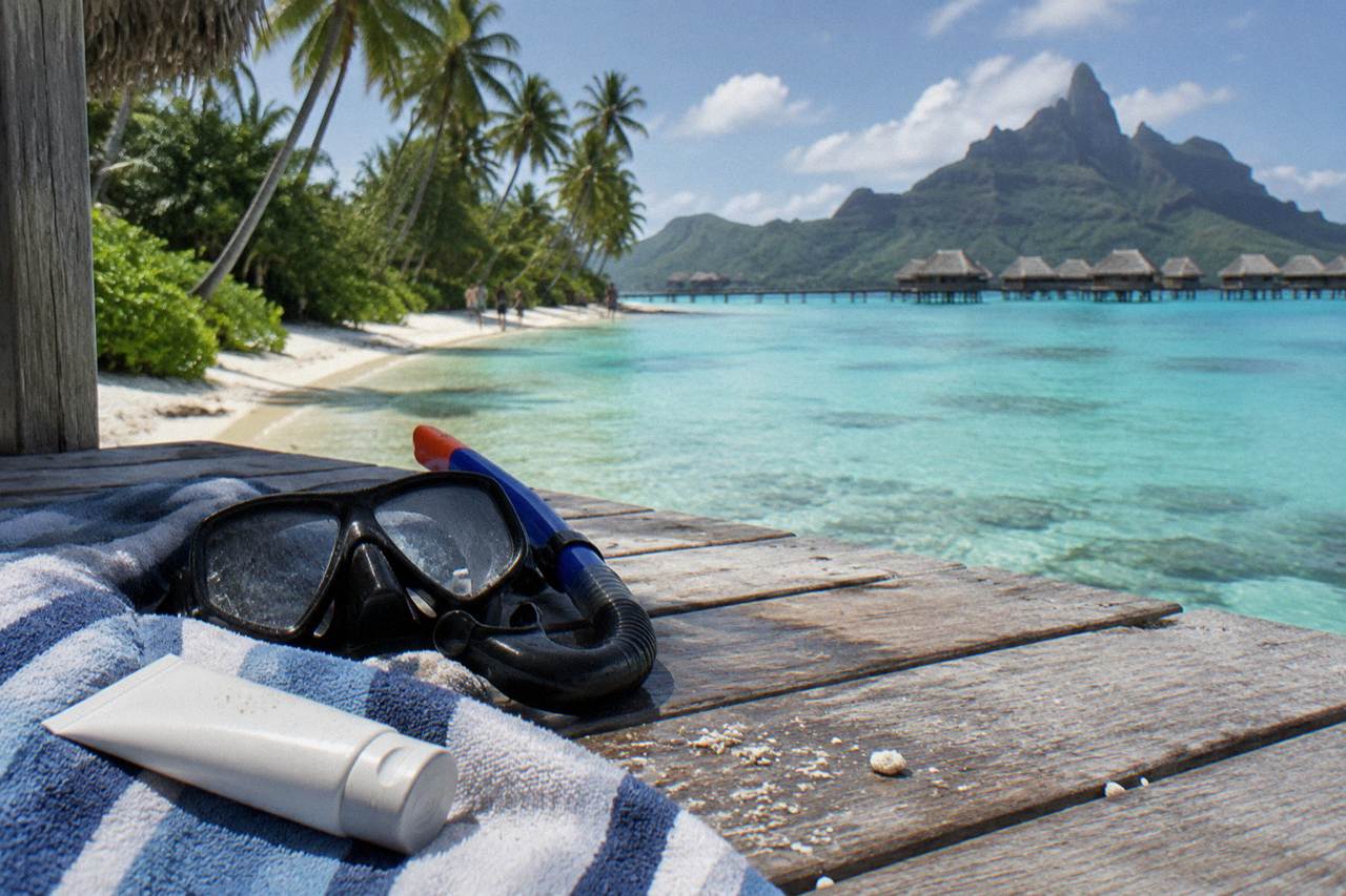 A tube of mineral sunscreen resting on a towel beside a mask and snorkel on a wooden deck overlooking a turquoise lagoon