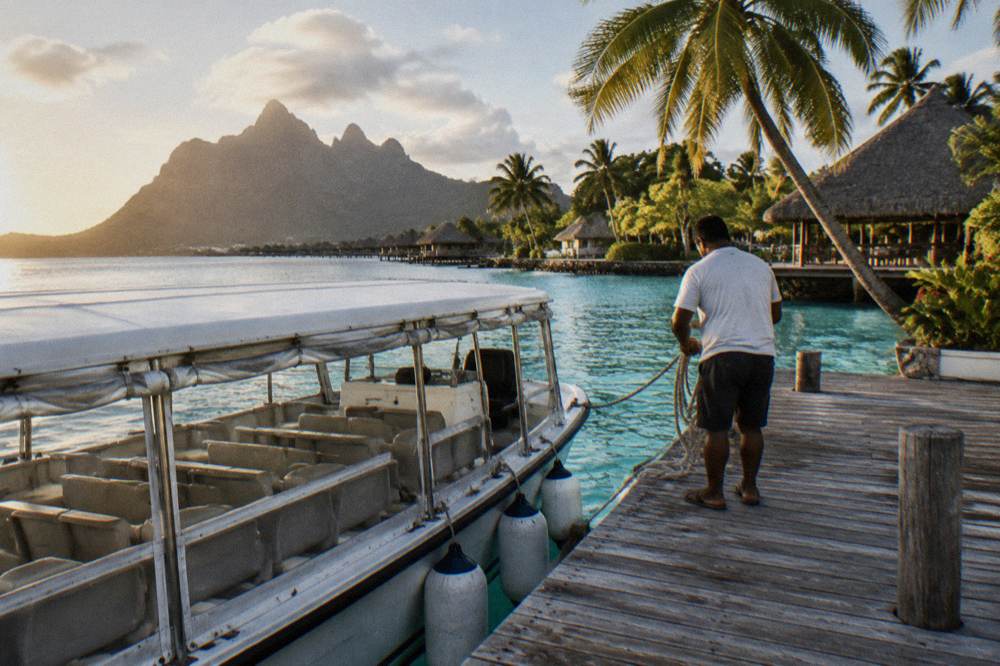 A lagoon tour boat tied at a wooden dock with palm trees in the background