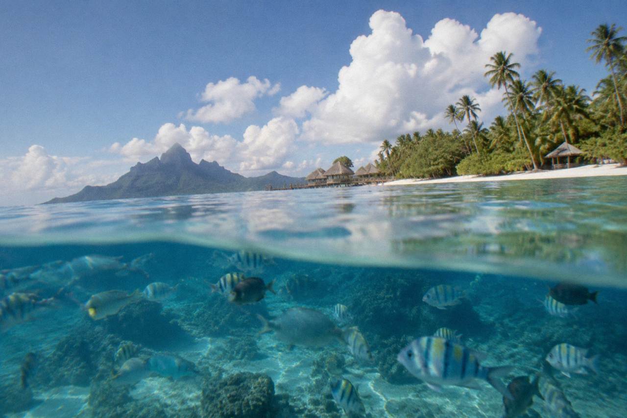 Calm turquoise lagoon water off Bora Bora with reef fish near the surface