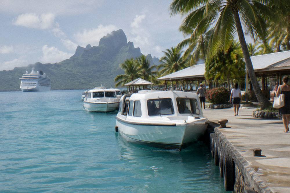 Tender boats on blue water near a wooden quay with palm trees and small buildings