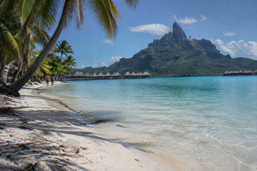Palm-fringed white sand beach with calm shallow water at the southern tip of an island