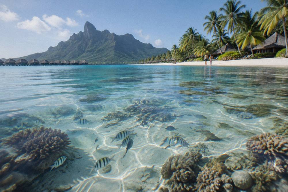 Clear shallow water over pale sand with scattered coral heads and small reef fish