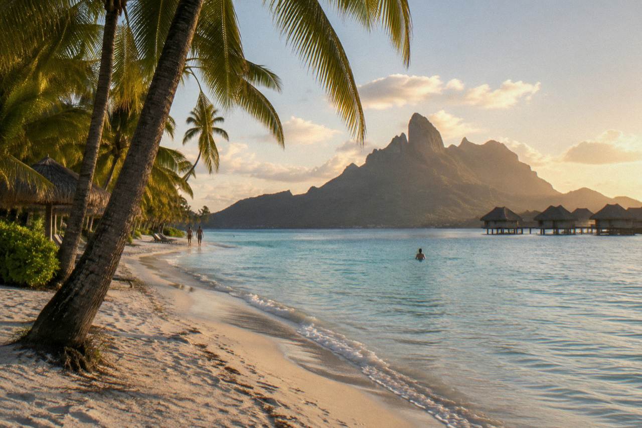 Calm turquoise lagoon water along a palm-lined beach with a green volcanic peak in the distance