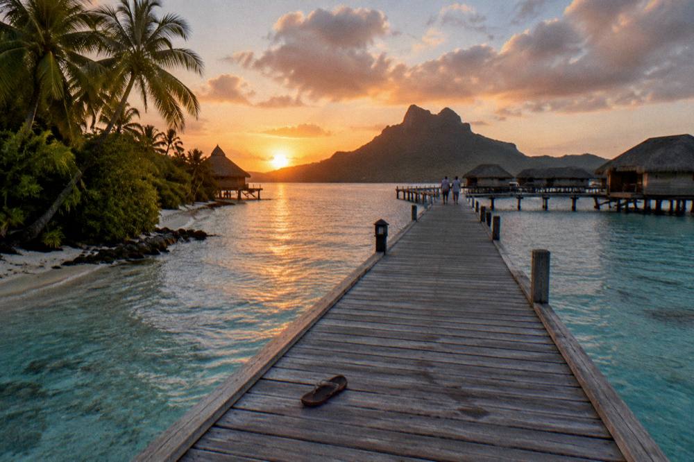 An overwater bungalow walkway stretching across clear shallow lagoon water at sunset