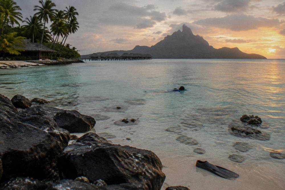 A swimmer floating face down over sandy shallow water with scattered coral