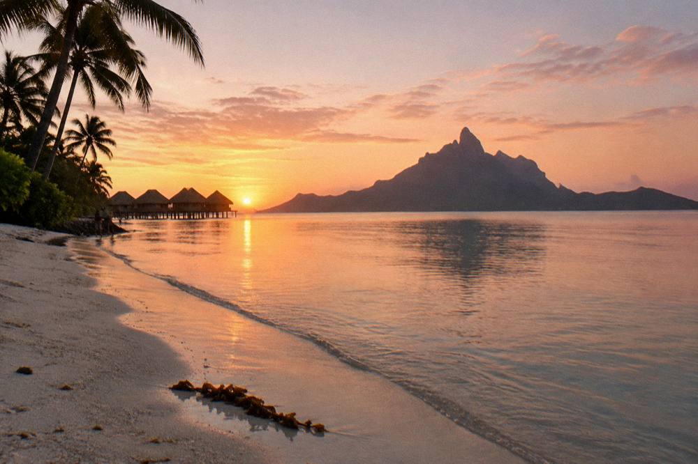Flat calm lagoon water at sunrise with soft light over reef
