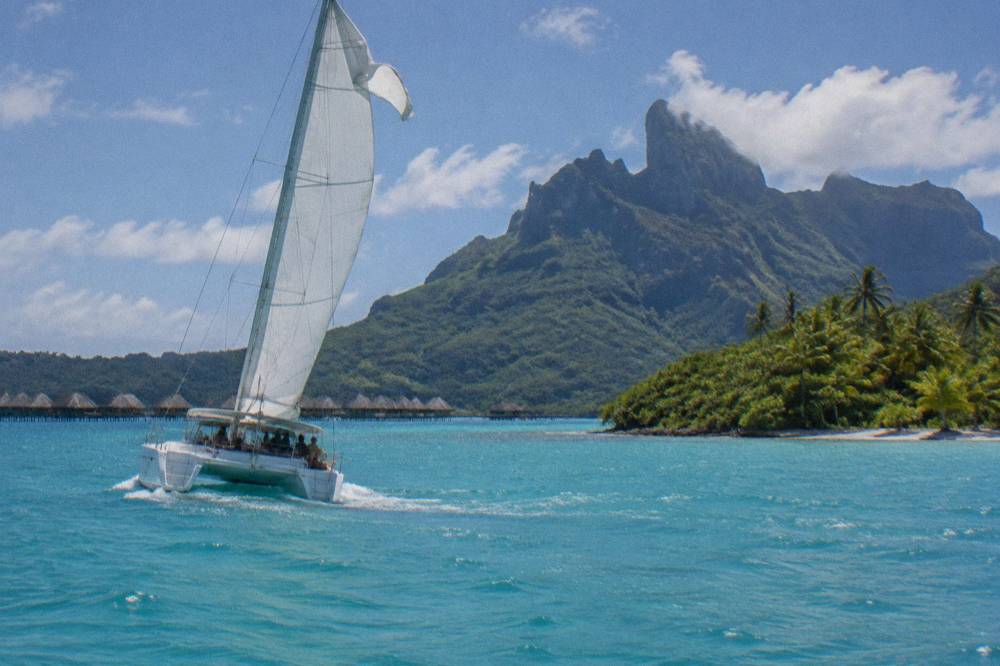 A catamaran under sail on open turquoise water near a green island peak