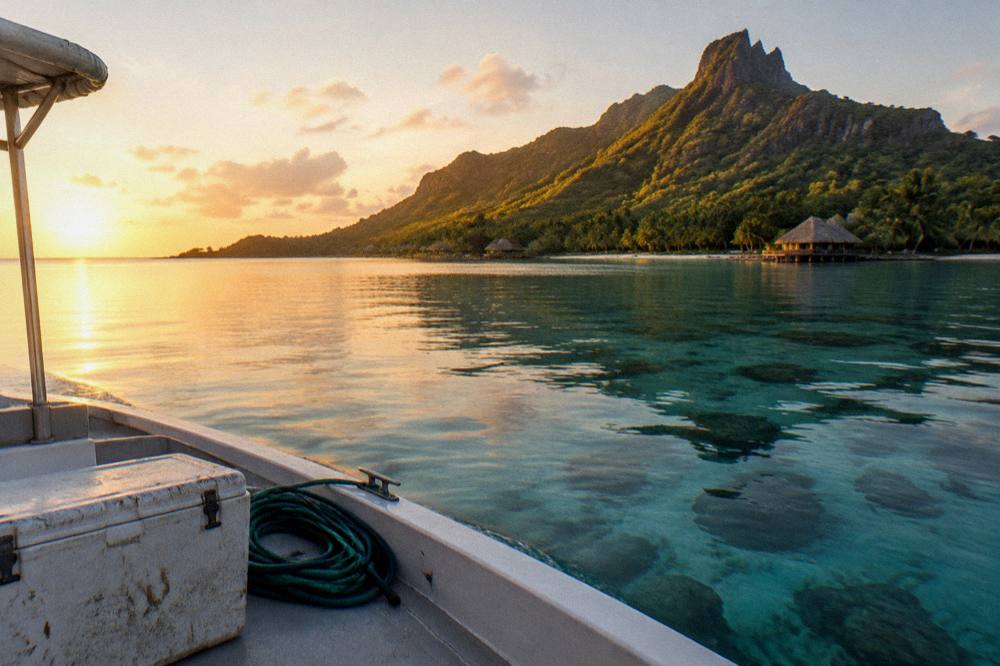 Calm morning water and coral heads seen from a boat deck in golden light