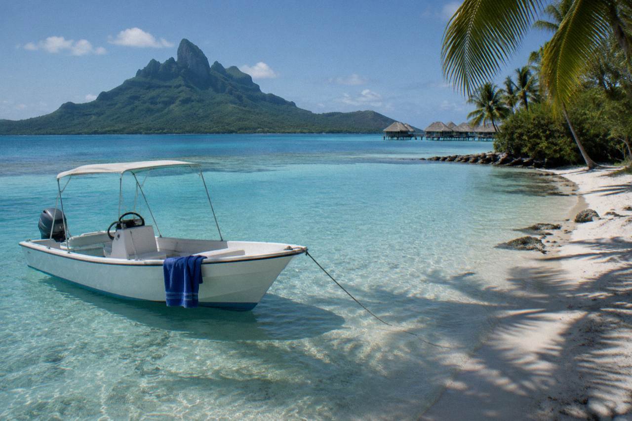 A small boat moored over clear turquoise lagoon water near a reef