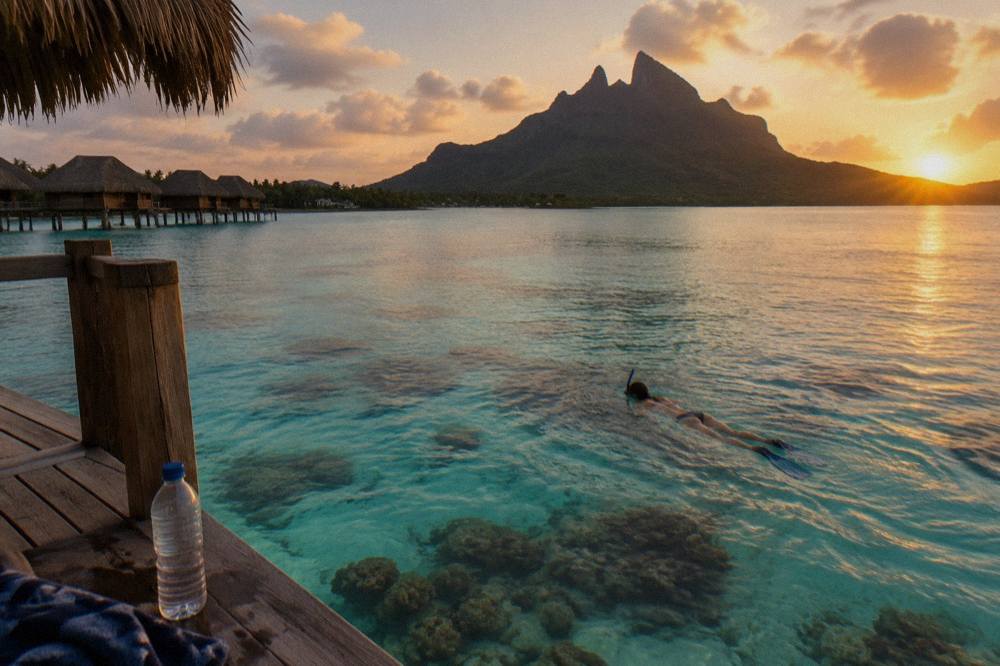 A snorkeler floating face down over a shallow coral garden in clear turquoise lagoon water