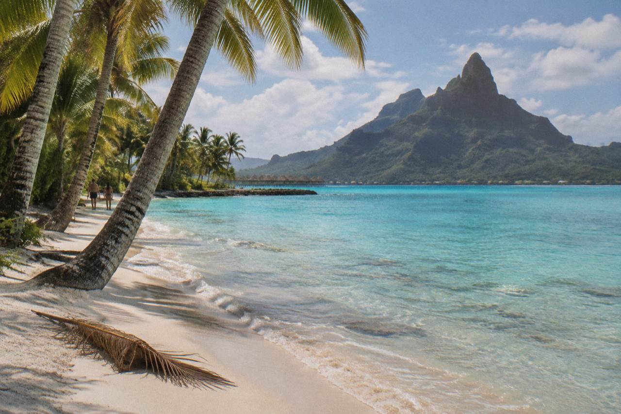Turquoise lagoon water along a palm fringed shore with a green volcanic peak rising behind